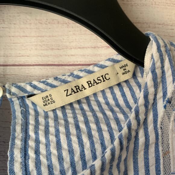 Zara Blue White Striped Blouse Sheer Floral Cutout Details Puff Sleeves Size S - Picture 8 of 16